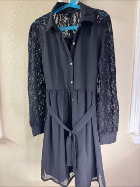 Black Lace-Sleeve Tie-Waist Shirt Dress - Kids
